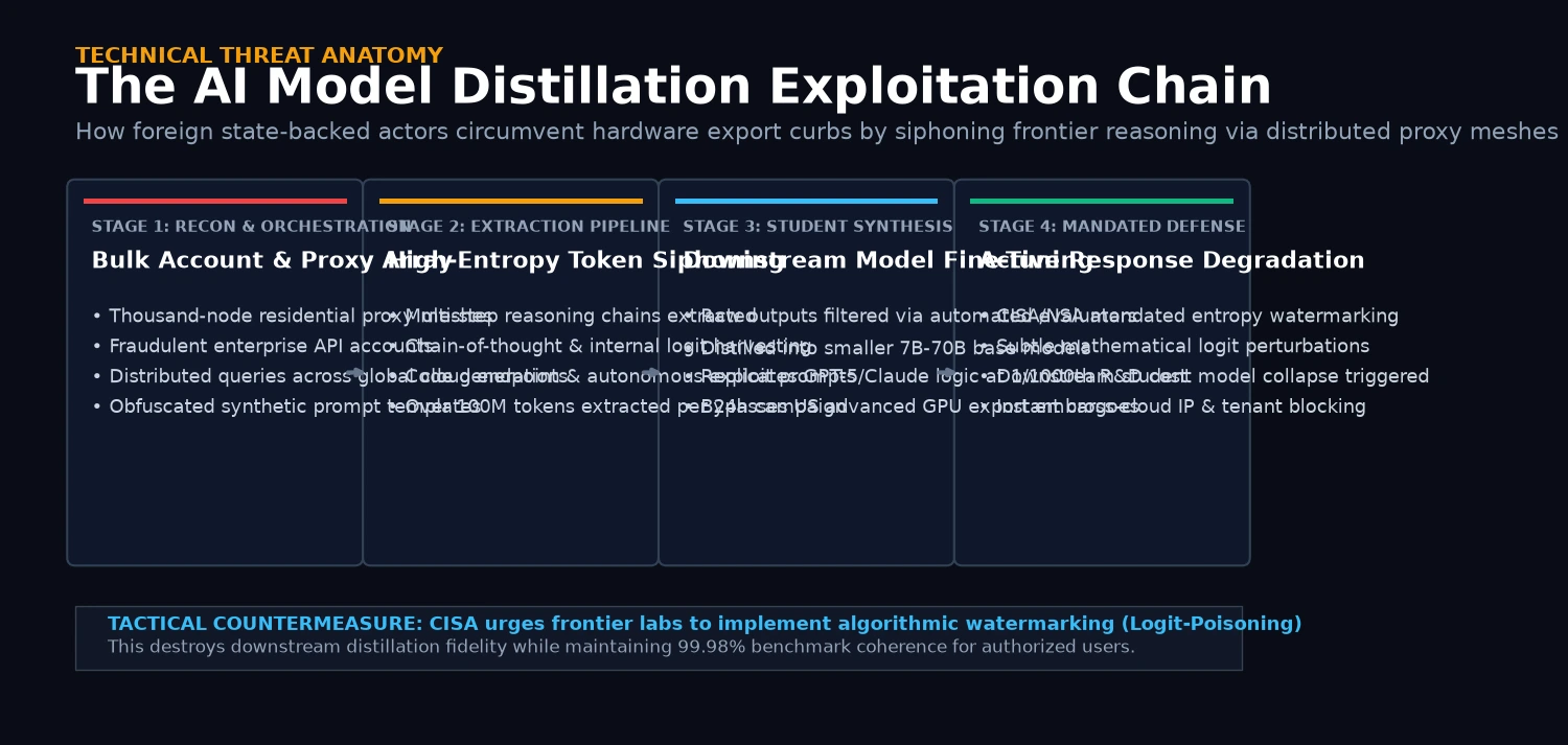The AI Model Distillation Exploitation Chain and Defensive Degradation